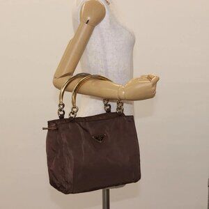 PRADA Hand Bag Nylon Brown Gold Auth 148292